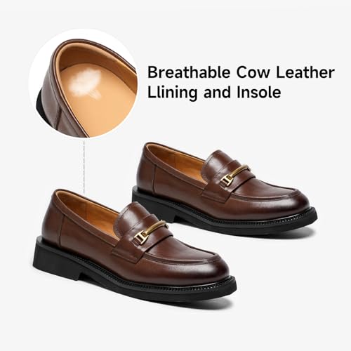 Image of BEAU TODAY Leather Loafers Women, Slip On Penny Loafers for Women Casual Shoes, Chunky Platform Comfortable Business Office Ladies Dress Shoes with Metal Buckle Brown US 8.5