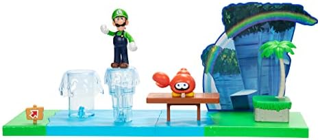 Super Mario Sparkling Waters Action Figures Playset Includes 2.5 Inch Luigi & Red Huckit Crab with Interactive Pieces