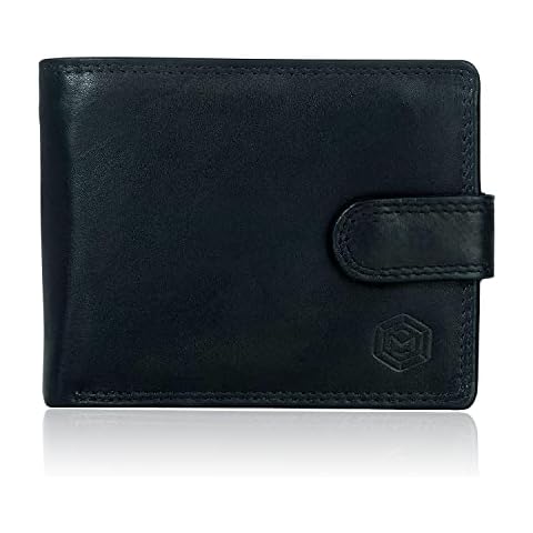 Mens Black Wallet Real Leather Trifold Bifold RFID Blocking Genuine Wallet with Coin Pocket Popper Fastening Anti Scan/Fraud Proof Window ID Holder with Contact Less Card Protection UK (LZ502-Blk) Cover