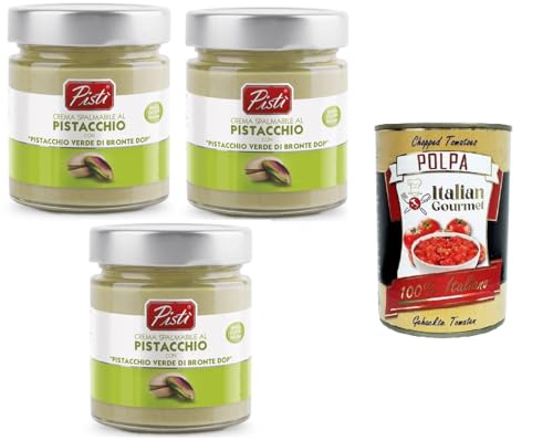 Pistì Crema Spalmabile al Pistacchio con "Pistacchio Verde di Bronte Dop" Pistazien-Aufstrichcreme mit „Grünen Pistazien von Bronte Dop“ 3x200gr + Italian Gourmet polpa 400g