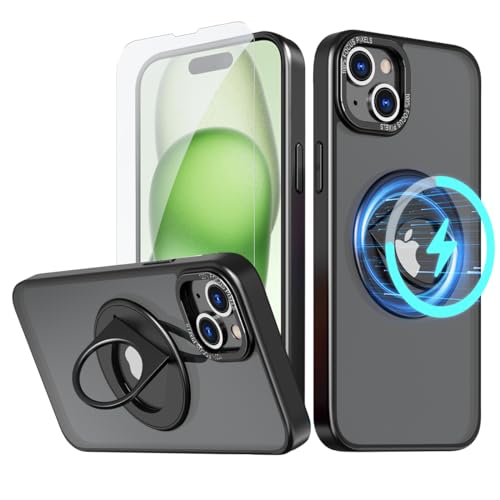 Coque iPhone 15 Plus premium noire avec support invisible et verre trempé