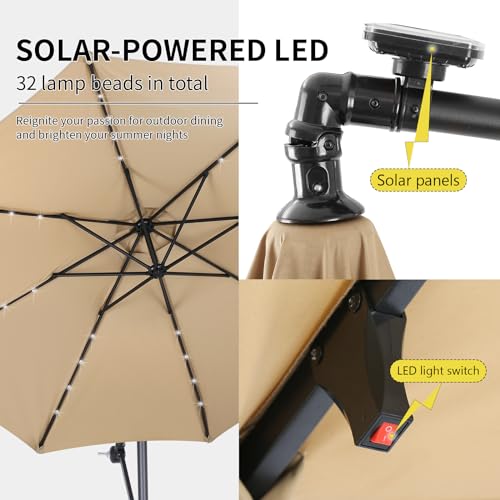 EchoSmile 10FT Solar Cantilever Patio Umbrella with 32 LED Lights and 8 Ribs, Cross Base, Tilt Adjustment, UV-resistant fabric for Deck, Pool, Garden, Backyard, Khaki