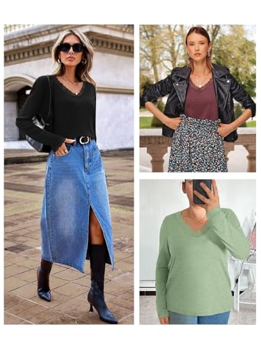 ATHMILE Long Sleeve T Shirts for Women Lace V Neck Casual Cute Tops Loose Fit Fall Winter Basic Clothing2