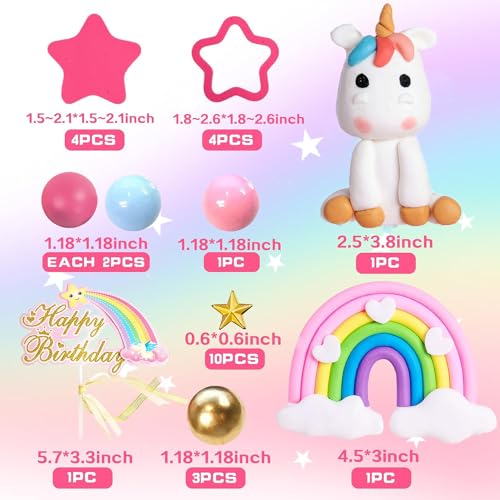 29 PCS Unicorn Cake Topper, Unicorn Cake Decorations with Rainbow Stars Balls Happy Birthday Cake Decorations for Boys Girls Kids Birthday Party Baby Shower Supplies