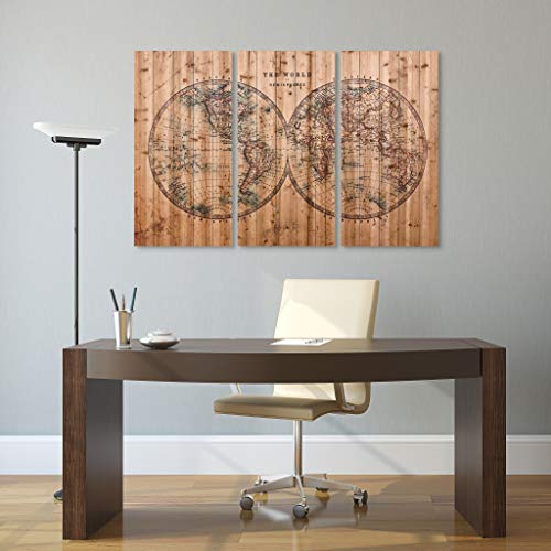 Empire Art Direct Vintage World Map Digital Print On Solid Wood Wall Art Triptych, 60" X 40" X 1.5", Ready To Hang #TOP4