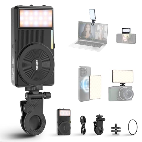 NEEWER Basics 5W Magnetic Phone Selfie Light for iPhone MagSafe, Dual Sided Clip LED Lighting 402lx/0.5m CRI90+ 3000mAh for Camera Recording Computer Video Conference Makeup Streaming, NL129D