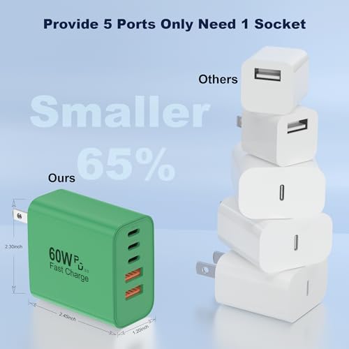 USB C Charger Block, 60W 5 in 1 Charging Blocks, PD 3.0 Fast Charger, QC 2A Green Wall Plug Multiport Type C Charging Block for iPhone 17 16 15 14 13 12 Pro Max, iPad, iPod, Samsung, AirPods Pro — view 5