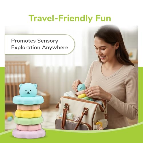 Image of R for Rabbit Orapple Teddy Stacker Stacking Rings Toy Sorting Tower Game Smooth Rounded Edges BPA Free Educational Interactive Learning Toys for Kids Baby Girls Boys (Blue Teddy)