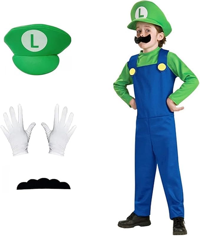 Yisound123 Costume for 3-12,Costume Game Outfit Fancy Dress Up Jumpsuit Bodysuit Cosplay with Hat Gloves Moustaches (Red(3-4)) (Green