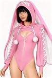 KORURACLUB Cosplay seksowny strój króliczka (zestaw 3-częściowy) pokojówka cosplay bielizna kostiumy zwierzęce kombinezon króliczka (duże uszy króliczka różowy, XS-M)
