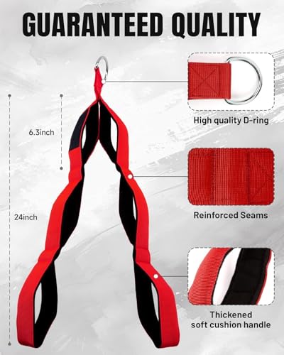 Image of Leosportz Triceps Rope Cable Attachment - Fabric Triceps Rope with Strong Grip and Multiple Handles | Upgraded Design Lightweight Tricep Push Down Rope (Red, 2 Handle)