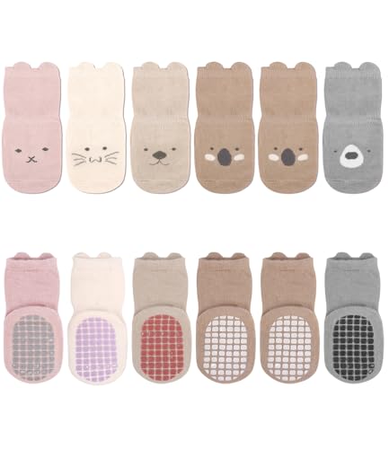 Goxiry Calcetines antideslizantes para niños, 6 pares, calcetines antideslizantes para bebés, niños y niñas (1-3 años), multicolor, Talla única