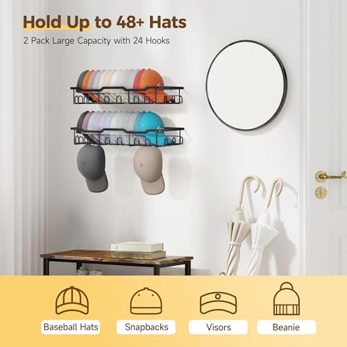 Nicetree Hat Racks for Baseball Caps Wall - Metal Hat Organizer for 48 Baseball Caps Holder, 2 Pack Hat Storage Organizer for Closet, Bedroom, Living Room Black by Nicetree - Image 2