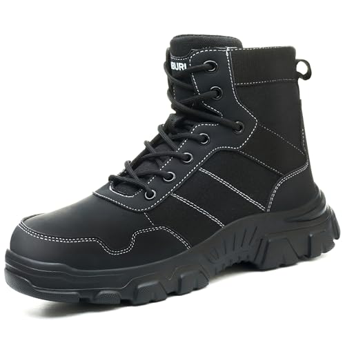 Asiman Steel Toe Boots for Men Women Indestructible Safety Work Shoes Breathable Lightweight High Top Steel Toe Safety Shoes Slip Resistant Construction Work Boots (Black
