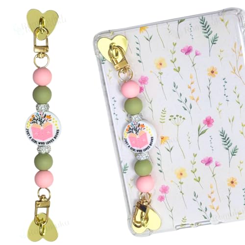 Romukuku Strap for Kindle,Beaded Grip Chain Charm for Kindle Holders, Booklover E-Reader Device Hand Strap Bookish Gift, Kindle Accessories (Book Flower)