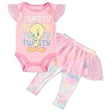 LOONEY TUNES Infant Baby Girls' One Piece Bodysuit with Pull on Pants and Attached Tutu Skirt, Pink/Blue/Yellow, 12 Months