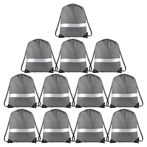 KUUQA 12 Pcs Drawstring Backpack Bag Bulk Reflective Backpack Gray String Bags Cinch Sack Backpack for Team Yoga Sport Gym Traveling