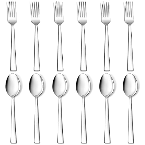 Joyfair Lot de 12 fourchettes de table et cuillères à soupe en acier inoxydable, fourchettes et cuillères modernes de 19,5 cm, pour la...