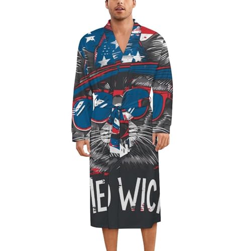 Cat U.S. Flag Meowica Soft Robe Long Sleeve Bathrobes V Neck Sleepwear Spa Robes with Belt Men Woman