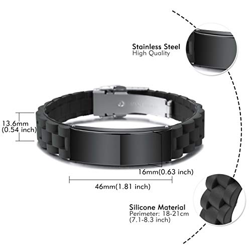 Memediy Custom Name Bracelet Personalized Engraving For Men Women Rubber Silicone Sport Wrist Identification Id Tag Stainless Steel Bracelet Adjustable (Black Color) #TOP1