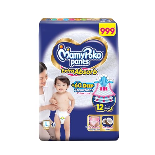Image of MamyPoko Pants Extra Absorb Baby Diapers, Large (L Size) | 9-14 kg | 48 Count |Deep Sleep Diapers| Soft Gentle fit |Deep Absorbent Crisscross | Skin Friendly with Coconut Oil |
