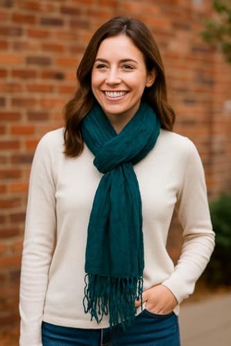 Lightweight Crinkled Viscose Scarf for Women – Soft Spring Wrap with Fringe Tassels, Breathable Fashion Accessory, 100x180cm – Teal Green2
