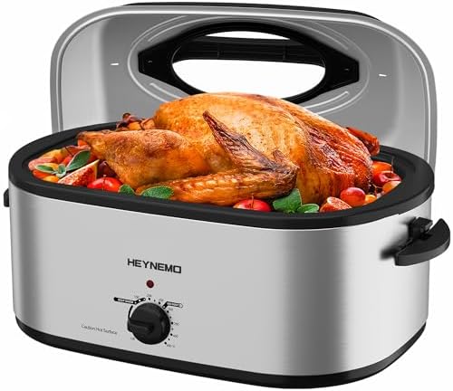 Silver 28-quart stainless steel roaster oven with a glass viewing lid