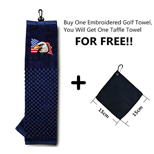 Finger Ten Golf Bag Towel Tri Fold Club With Grommet Men Women Large With 1 Free Golf Ball Towels Set, Trifold Usa Eagle Flag Pattern 16''X 22'', Gifts Embroidered Pack (Us Eagle) #TOP1