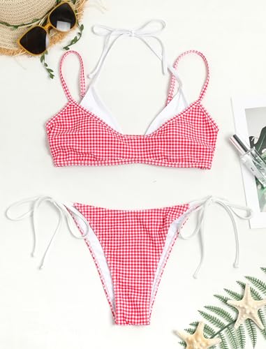Image of ZAFUL Women's Polka Dot Bikini Set Double Layer Halter Swimsuit Colorblock Side Tie 2 Piece Bathing Suit