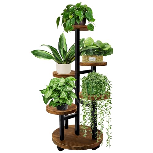 GEEBOBO 5 Tier Plant Stand With 4 Wheels, Metal Wood Tall Plant Stands For Indoor Plants Multiple...