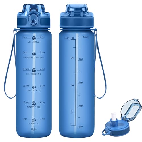Image of 32oz Water Bottle with Straw, Time Marker & Fruit Strainer, Transparent Gradient Color Water Bottle with Times to Drink, Leakproof & BPA Free, Reusable Bottle with Strap