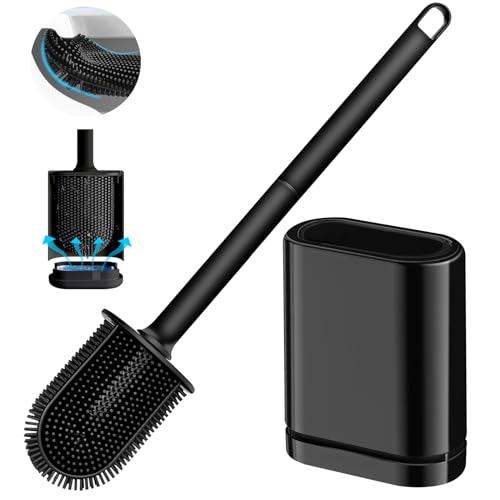 Silicone Toilet Brush and Holder Set Toilet Brushes with Ventilated Holder Wall Mounted Toilet Bowl Brush with Long Handle Bendable Brush Head Black Toilet Brush Cleaner for Bathroom RV