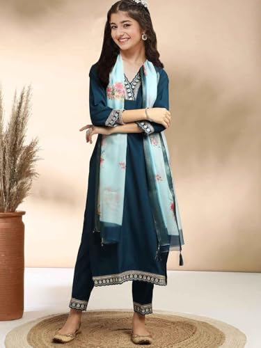 Image of Girls A-line Silk Embroidered Kurta and Pant Set with Dupatta for festive wedding and casual wear