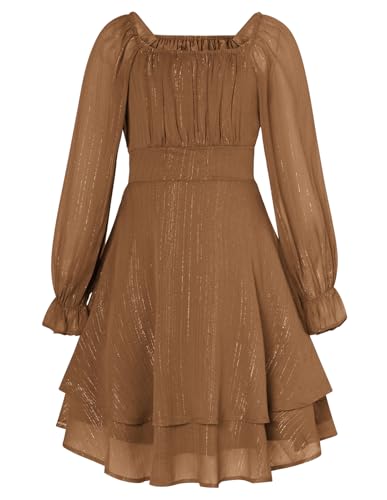 GRACE KARIN Girls Fall Dress Long Sleeve Casual Dresses Square Neck Ruffle Tiered Layer A-line Dress 5-12Y