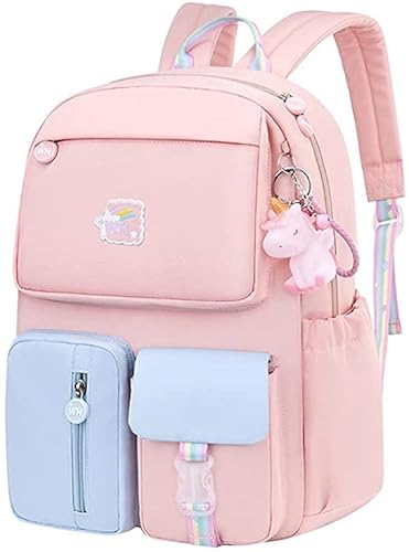 elemhome Meisjes Rugzak Schooltassen Kawaii Rugzak Lichtgewicht Waterdichte Rugzak Casual Dagrugzak Dames Boekentas Jongens Schooltas Duurzame Studentenrugzakken, Roze&blauw, 31*13CM