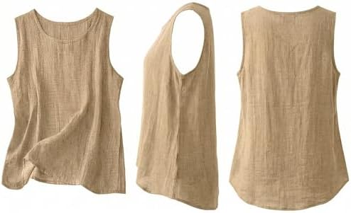 Off The Shoulder Tops for Women Womens Tank Top Linen Shirt Women Cotton Linen Sleeveless Summer Casual Loose Shirts 2026 Hawaiian Boho Crew Neck Gauze Basic Camisole Beige L - 5