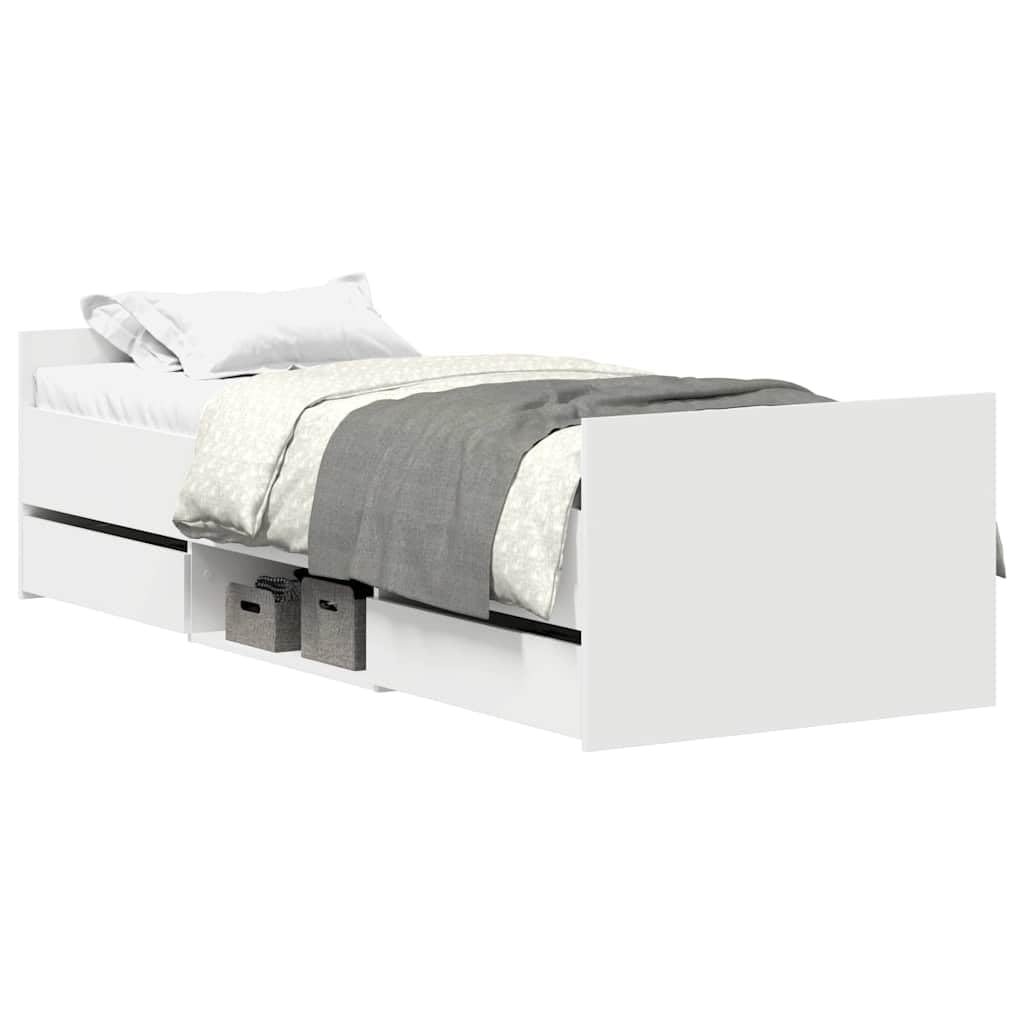 rama z szufladami z drewnopochodnej płyty biala 75x190 cm | Rama łóżka z wezgłowiem i zanóżkiem biała 75x190 cm z szufladami i półkami do przechowywania do sypialni, gościnna, stabilna