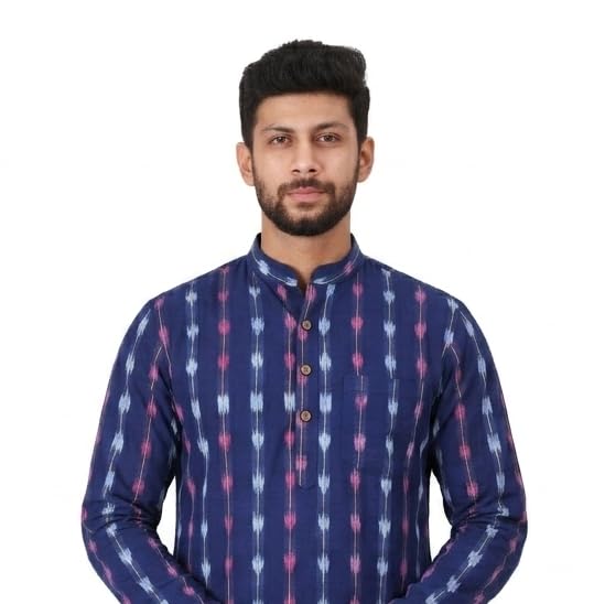Image of GHL GUENDICHA HAAT Sambalpuri Certified Handloom Men's Pure Cotton Kurta | Odisha Ikat Ethnic Wear | Mandarin Collar | Full Sleeve Traditional Kurta for Men