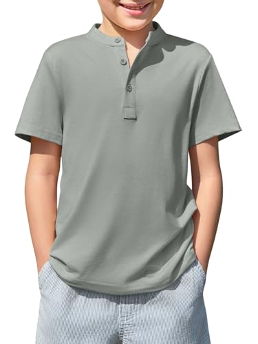 Haloumoning Boys Short Sleeve Henley Shirt Kids Casual Button Front Summer T-Shirts Tops Tees 5-14 Years Grey