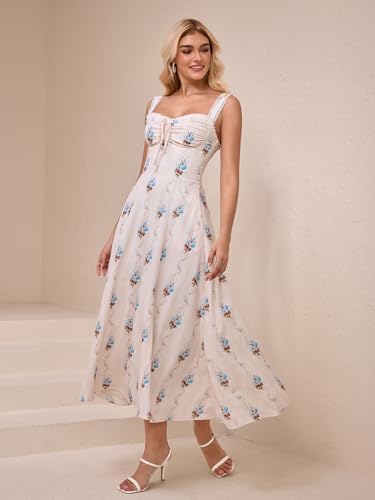 Image of KUTUMAI Floral Corset Midi Dresses for Women 2026 Lace Up Flowy Summer Wedding Guest Dress with Pockets