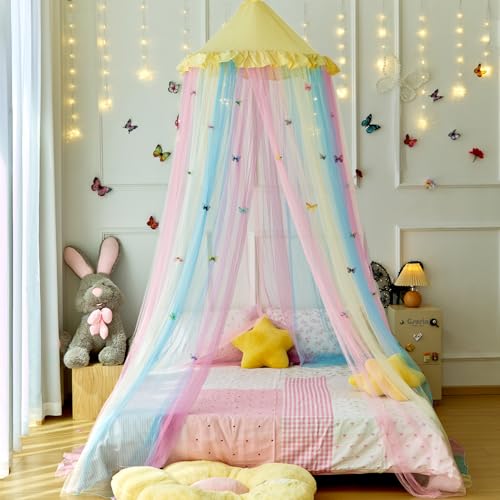 Image of Yellow Rainbow Bed Canopy with Butterflies for Girls,Breathable Canopy Bed Curtain for Bed,Princess Play Tent for Kids Room Reading Nook