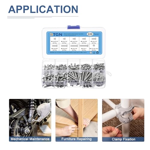 DTGN 220 Pack #6-32(D) Linsenkopfschrauben-Muttern-Set – 3/16, 1/4, 5/16, 3/8, 1/2, 5/8, 3/4,7/8,1(L) Innensechskantschrauben-Muttern-Sortiment – 304 Edelstahl UNC Vollgewinde