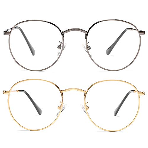Image of Vintage Round Metal Glasses Frame with Clear Lens, 2 Pack Women Men Non-Prescription Eyeglasses