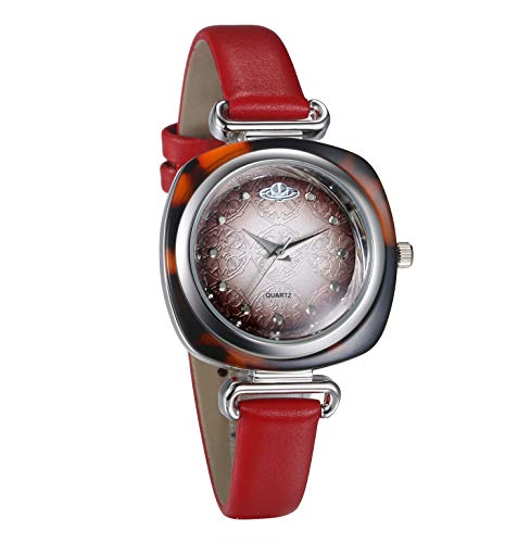 Preisvergleich Produktbild JewelryWe Damenuhr Einzigartige Analog Quarz Armbanduhr 30M wasserdichte Rechteckige Beiläufige Uhr mit Resin Gehäuse und Echtleder Leder Armband für Frauen Mädchen Rot