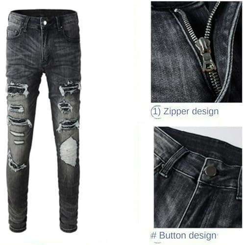 Jeans Pants Trousers Denim Trendy Street Setting Zircon Sequins Ripped Distressed Gray Hole Stretch Slim Fit Fringed Casual Small Straight Leg for Men(Dark Grey,31)4