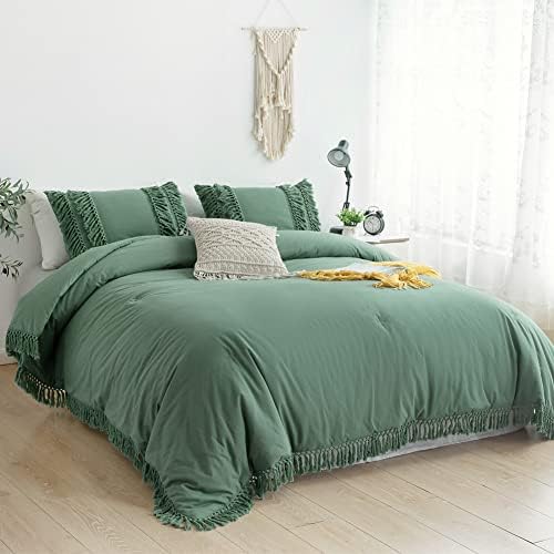 CozyTide Sage Green Boho Tassel Bedding King Comforter Sets 100% Washed Cotton Farmhouse Shabby Ruffle Trendy Indie Rustic Solid Aesthetic Bedding Duvet for King Bed 3Pcs Soft and Breathable