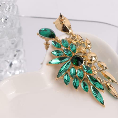 Jeanbeau Large Green Crystal Wedding Bridal Earrings For Women - Art Deco Emerald Rhinestone Angel Wings Long Dangle Drop Statement Multi Marquise Cluster Bling Chandelier Dangling Pageant Drag Queen Prom Jewelry Gift #TOP5
