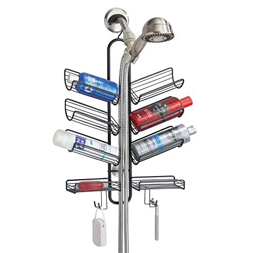 mDesign Metal Wire Bathroom Tub & Shower Caddy, Hanging Storage Organizer - Built-in Hooks, 8 Shelves for Shower Stall - Open Center Design for Hand Held Shower Heads - Bagno Collection - Matte Black