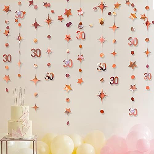 Rose Gold 30th Birthday Garlands Decorations Number 30 Circle Dot Twinkle Star Banner Metallic Hanging Streamer Bunting Backdrop for Her 30 Years Old Birthday Thirty Anniversary Party Decor Supplies