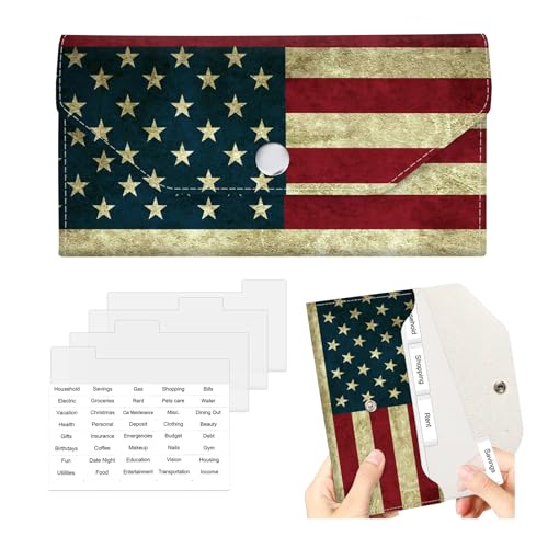 BOFKWSY Cash Envelope Wallet for Budgeting, PU Leather Cute Cash Pouch with 4 Cash Dividers & 1 Category Stickers, Reusable Money Holder for Men and Women Vintage American Flag